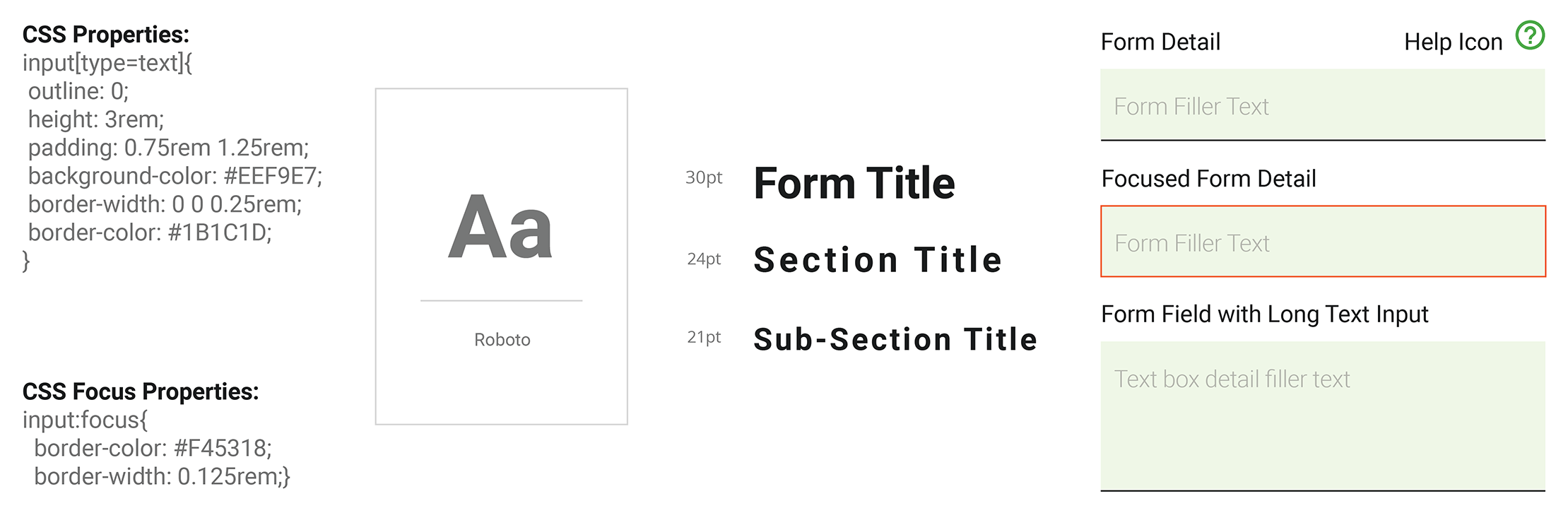 The design and CSS properties of the forms and associated type